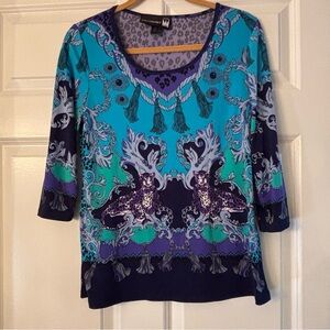 Antthony Status Print of Turquise, Navy & Purple Printed Scoop Neck 3/4 Sleeve